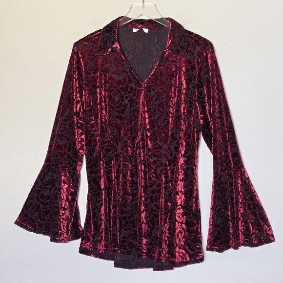 Ultra Pink Velvet Burnout Fairy Witchy Gothic Edgy Button Down  Flare Sleeve Top - Picture 4 of 15